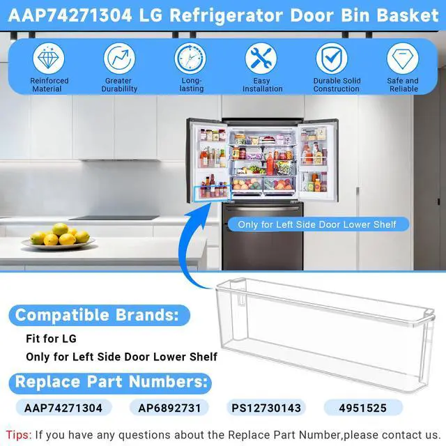 Alt view image 4 of 7 - UPGRADED AAP74271304 Refrigerator Door Bin Compatible with LG Refrigerator Door Shelf Parts AAP74271304 LRMDS3006S LRMVC2306D LRMDC2306D LRMDC2306S LG Fridge Door Basket Replacement Door Shelves