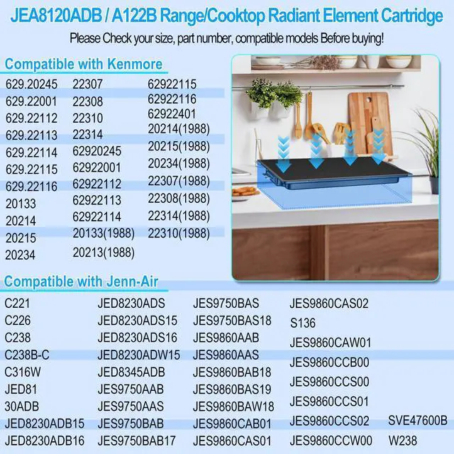 Alt view image 5 of 7 - Upgraded A122B Radiant Cartridge Compatible with Jenn Air Cooktop Replacement Parts Black Jenn-Air Radiant Cartridge JEA8120ADB A122BA Electric Slide-In Range Burners Whirlpool Jennair Cooktop Parts