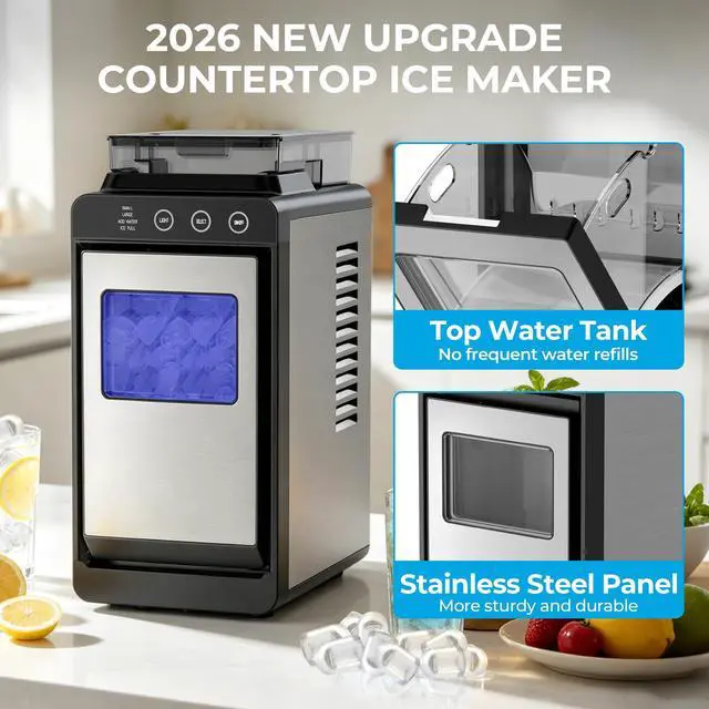 Alt view image 3 of 7 - Countertop Ice Maker with 2L Dual Water Tank, 8 Bullet Ice Fast in 6 Mins, 26 lbs/Day, 2 Ice Sizes, Self-Cleaning Mode,Compact Portable Ice Machine for Home and RV, Stainless Steel