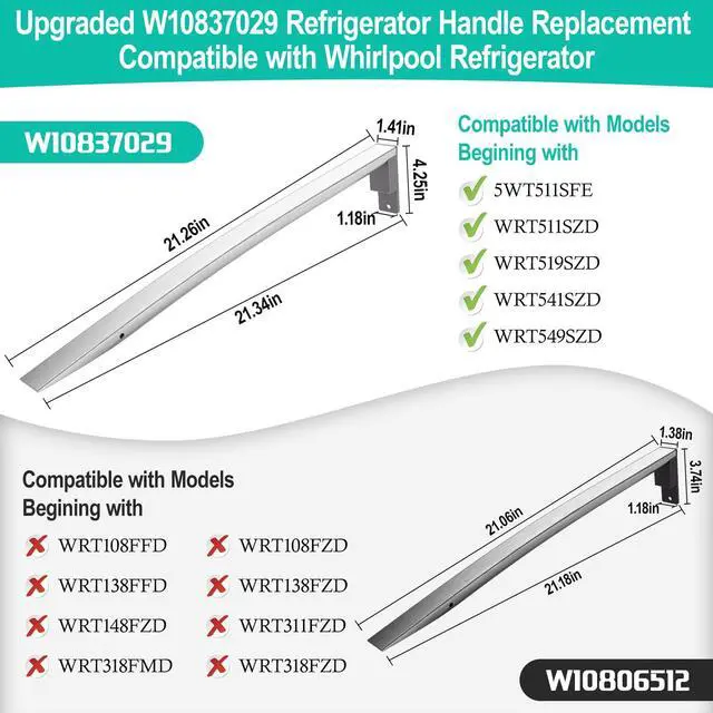 Alt view image 4 of 7 - Upgraded W10837029 Refrigerator Door Handle w/Set Screw Compatible with Whirlpool Refrigerator Handle, Stainless Steel Fridge Door Handle Replacement, Replace Part W10653471, 4338550