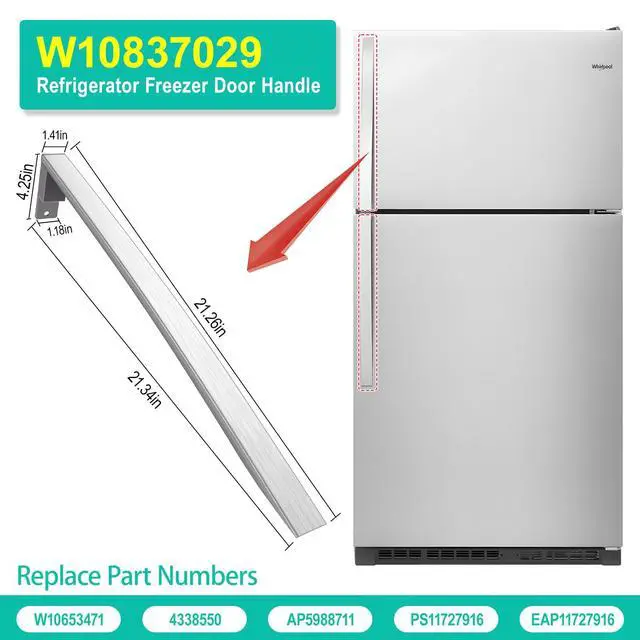Alt view image 6 of 7 - Upgraded W10837029 Refrigerator Door Handle w/Set Screw Compatible with Whirlpool Refrigerator Handle, Stainless Steel Fridge Door Handle Replacement, Replace Part W10653471, 4338550