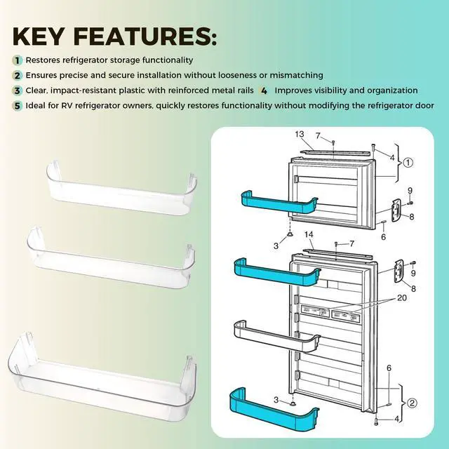 Alt view image 4 of 7 - 29325760655 Refrigerator Door Shelves Compatible With Dometic Americana II RV Refrigerators, Refrigerator Door Clear Shelf Combo Kit, 4-Piece Kit
