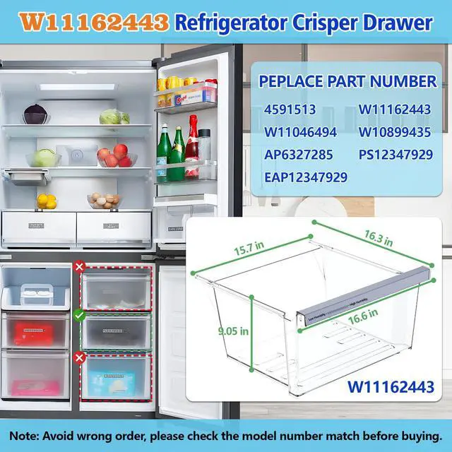 Alt view image 4 of 7 - W11162443 W11046494SxS Replacement for refrigerator freshness drawer Compatible with Whirlpool, Maytag Refrigerator. W11162443 Crisper Replace for whirlpool, refrigerator drawer