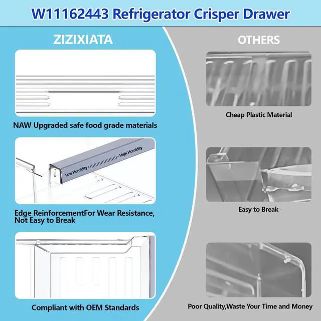 Alt view image 5 of 7 - W11162443 W11046494SxS Replacement for refrigerator freshness drawer Compatible with Whirlpool, Maytag Refrigerator. W11162443 Crisper Replace for whirlpool, refrigerator drawer