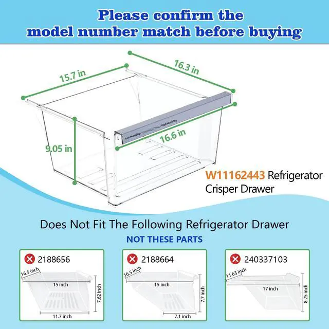 Alt view image 7 of 7 - W11162443 W11046494SxS Replacement for refrigerator freshness drawer Compatible with Whirlpool, Maytag Refrigerator. W11162443 Crisper Replace for whirlpool, refrigerator drawer
