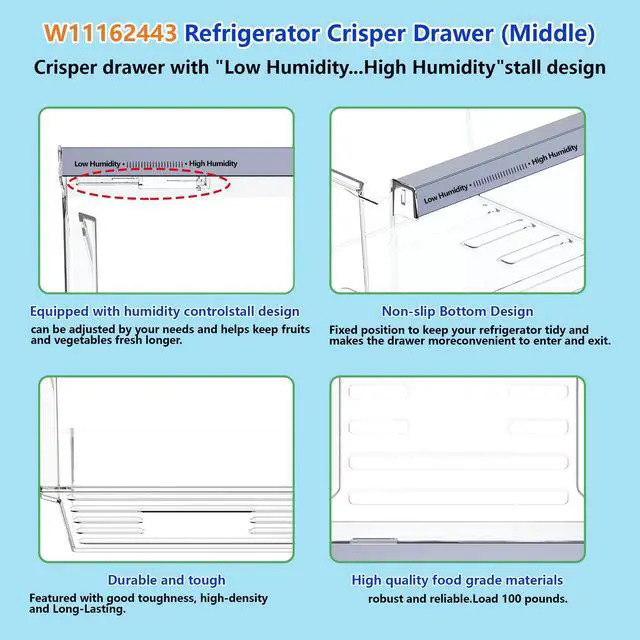 Alt view image 6 of 7 - W11162443 W11046494SxS Replacement for refrigerator freshness drawer Compatible with Whirlpool, Maytag Refrigerator. W11162443 Crisper Replace for whirlpool, refrigerator drawer