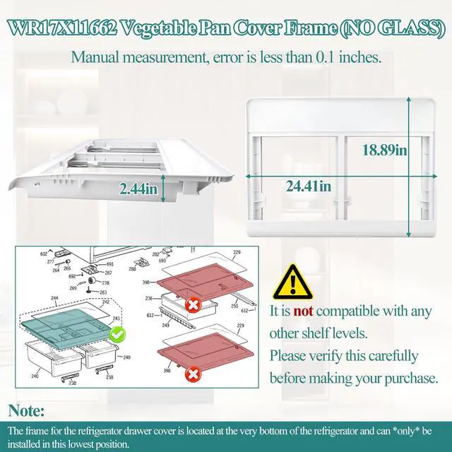 Alt view image 2 of 7 - UPGRADED WR17X11662 Vegetable Pan Cover Frame (no glass) Compatible with GE, Hotpoint Refrigerator, WR17X11661 Refrigerator Drawer Cover replace 1092139, AP3796326, EAP964313 Crisper Cover Frame
