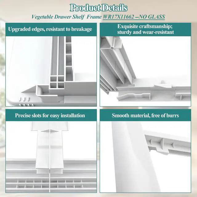 Alt view image 7 of 7 - UPGRADED WR17X11662 Vegetable Pan Cover Frame (no glass) Compatible with GE, Hotpoint Refrigerator, WR17X11661 Refrigerator Drawer Cover replace 1092139, AP3796326, EAP964313 Crisper Cover Frame
