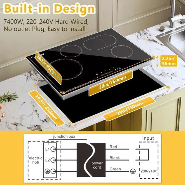 Alt view image 6 of 7 - 30 Inch Electric Cooktop, 4 Burner Built-In Radiant Ceramic Stove Top | 30 inch built-in radiant ceramic cooktop, 4 burners, 220-240V hardwired, touch control, flat-bottom cookware