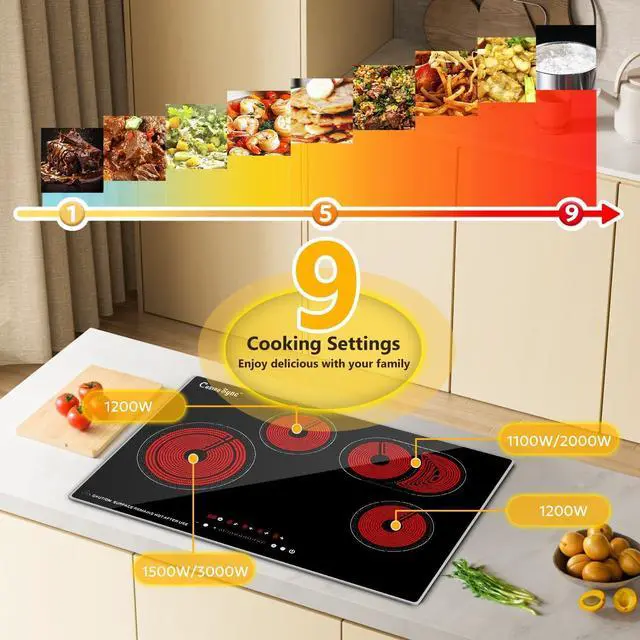 Alt view image 5 of 7 - 30 Inch Electric Cooktop, 4 Burner Built-In Radiant Ceramic Stove Top | 30 inch built-in radiant ceramic cooktop, 4 burners, 220-240V hardwired, touch control, flat-bottom cookware