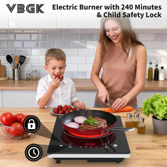 Alt view image 2 of 7 - Single Burner Electric Cooktop,110V 1800W Electric Stove Top with LED Touch Control,10 Power Levels, 4HTimer, Safety Lock, portable cooktop Overheat protection