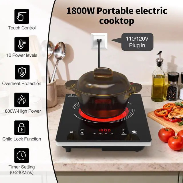 Alt view image 3 of 7 - Single Burner Electric Cooktop,110V 1800W Electric Stove Top with LED Touch Control,10 Power Levels, 4HTimer, Safety Lock, portable cooktop Overheat protection