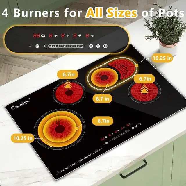 Alt view image 7 of 7 - 30 Inch Electric Cooktop, 4 Burner Built-In Radiant Ceramic Stove Top | 30 inch built-in radiant ceramic cooktop, 4 burners, 220-240V hardwired, touch control, flat-bottom cookware