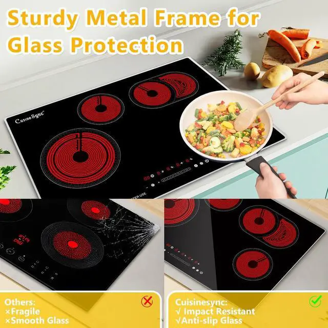 Alt view image 3 of 7 - 30 Inch Electric Cooktop, 4 Burner Built-In Radiant Ceramic Stove Top | 30 inch built-in radiant ceramic cooktop, 4 burners, 220-240V hardwired, touch control, flat-bottom cookware