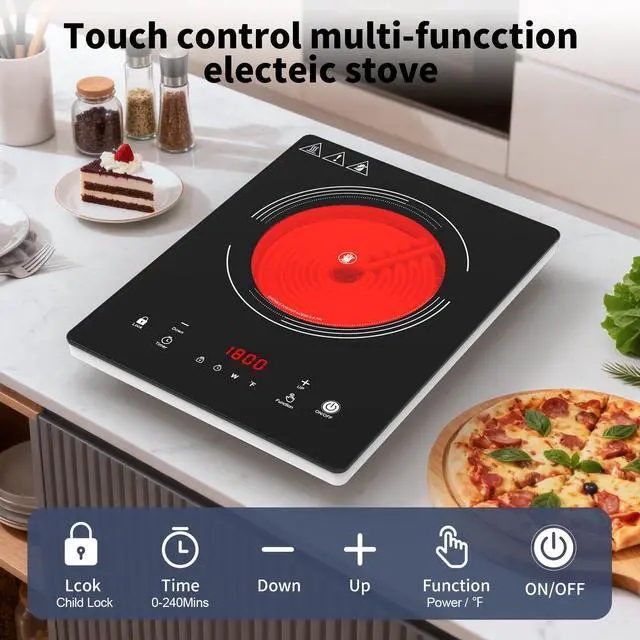 Alt view image 7 of 7 - Single Burner Electric Cooktop,110V 1800W Electric Stove Top with LED Touch Control,10 Power Levels, 4HTimer, Safety Lock, portable cooktop Overheat protection