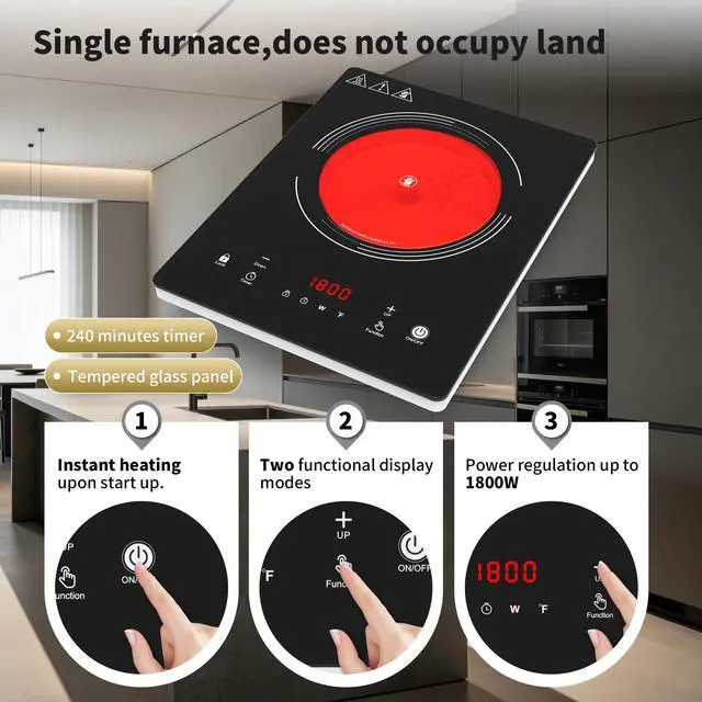 Alt view image 4 of 7 - Single Burner Electric Cooktop,110V 1800W Electric Stove Top with LED Touch Control,10 Power Levels, 4HTimer, Safety Lock, portable cooktop Overheat protection