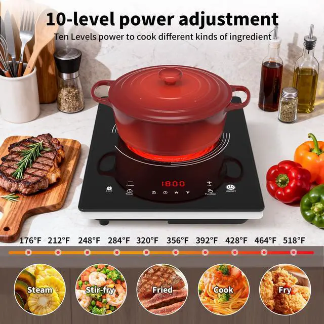 Alt view image 5 of 7 - Single Burner Electric Cooktop,110V 1800W Electric Stove Top with LED Touch Control,10 Power Levels, 4HTimer, Safety Lock, portable cooktop Overheat protection