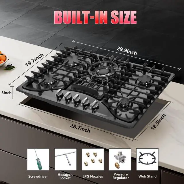 Alt view image 5 of 7 - Gas Cooktop 30 Inch, 5 Burners Built-in Stove Top Stainless Steel Propane/Natural Gas Convertible Sealed Dual Fuel Cooktop (Black)
