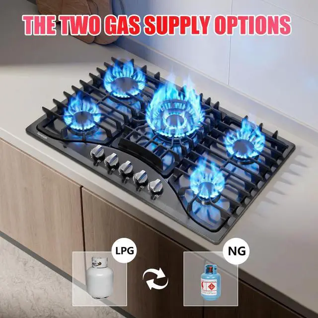 Alt view image 4 of 7 - Gas Cooktop 30 Inch, 5 Burners Built-in Stove Top Stainless Steel Propane/Natural Gas Convertible Sealed Dual Fuel Cooktop (Black)