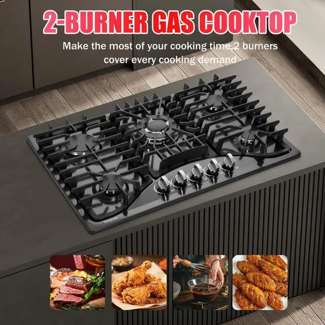Alt view image 6 of 7 - Gas Cooktop 30 Inch, 5 Burners Built-in Stove Top Stainless Steel Propane/Natural Gas Convertible Sealed Dual Fuel Cooktop (Black)