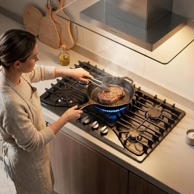 Alt view image 7 of 7 - Gas Cooktop 30 Inch, 5 Burners Built-in Stove Top Stainless Steel Propane/Natural Gas Convertible Sealed Dual Fuel Cooktop (Black)