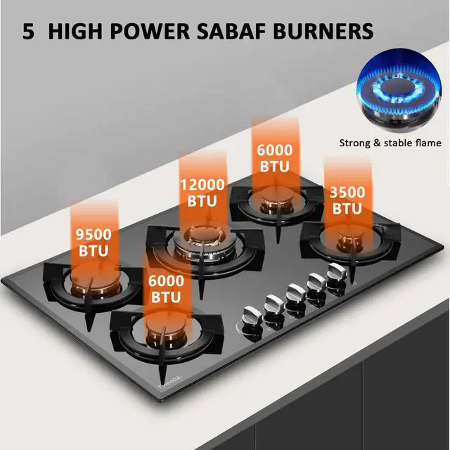 Alt view image 2 of 7 - Gas Cooktop 30 Inch, Built-in Tempered Glass Gas Stovetop 5 High Efficiency Burners Gas Stove Top Propane/Natural Gas Convertible Gas Hob (Black)