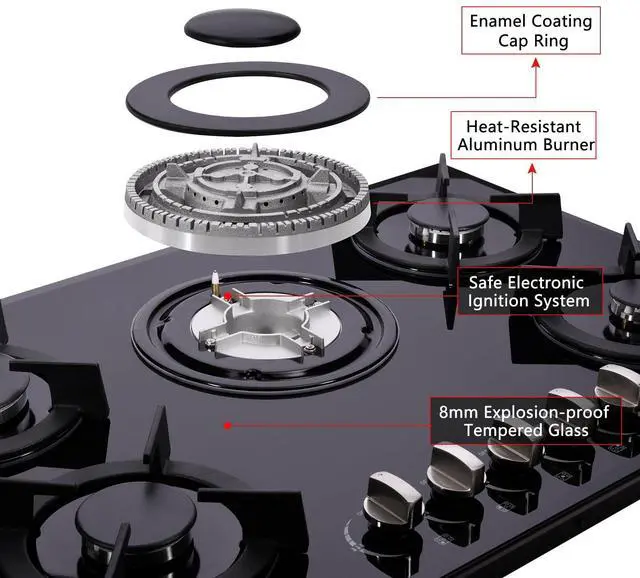 Alt view image 6 of 7 - 36 Inch Gas Cooktop, Built-in Tempered Glass Stovetop 5 High Efficiency Burners Stove Top Propane/Natural Gas Convertible Hob (Black)