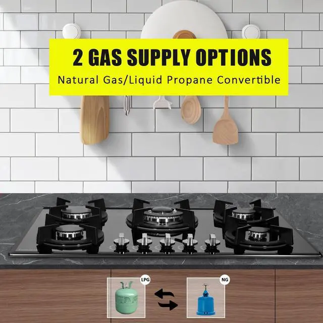 Alt view image 4 of 7 - Gas Cooktop 30 Inch, Built-in Tempered Glass Gas Stovetop 5 High Efficiency Burners Gas Stove Top Propane/Natural Gas Convertible Gas Hob (Black)