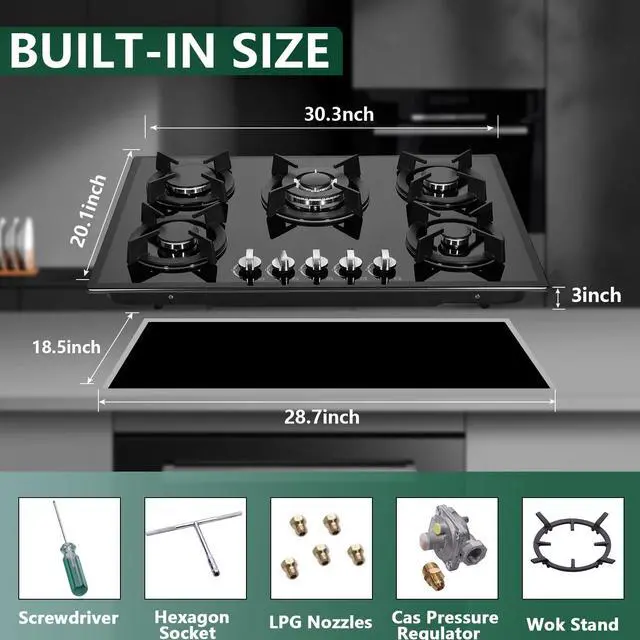 Alt view image 5 of 7 - Gas Cooktop 30 Inch, Built-in Tempered Glass Gas Stovetop 5 High Efficiency Burners Gas Stove Top Propane/Natural Gas Convertible Gas Hob (Black)