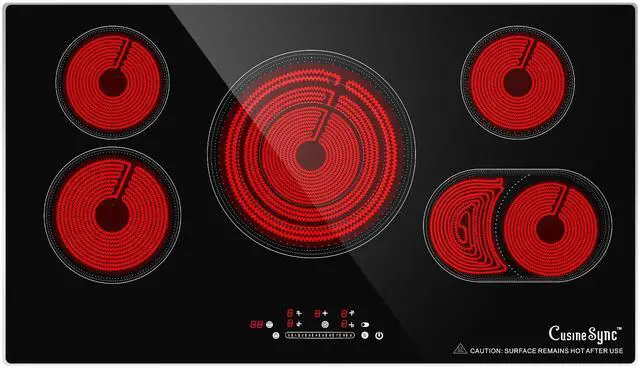 Main image of 36 Inch Electric Cooktop, 5 Burner Radiant Stove Top | 9200W radiant heat, 220-240V hardwired, works with all cookware, ideal for kitchen remodels, touch control, timer, child lock