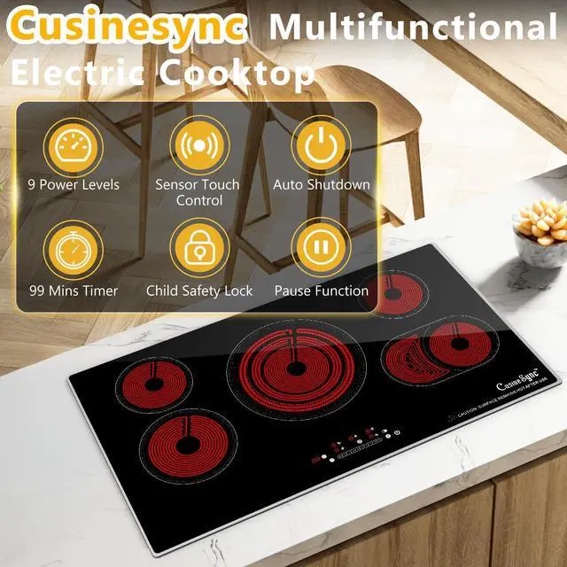 Alt view image 2 of 7 - 36 Inch Electric Cooktop, 5 Burner Radiant Stove Top | 9200W radiant heat, 220-240V hardwired, works with all cookware, ideal for kitchen remodels, touch control, timer, child lock