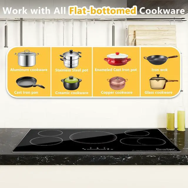 Alt view image 3 of 7 - 36 Inch Electric Cooktop, 5 Burner Radiant Stove Top | 9200W radiant heat, 220-240V hardwired, works with all cookware, ideal for kitchen remodels, touch control, timer, child lock
