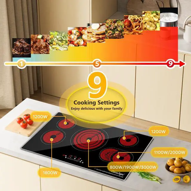 Alt view image 5 of 7 - 36 Inch Electric Cooktop, 5 Burner Radiant Stove Top | 9200W radiant heat, 220-240V hardwired, works with all cookware, ideal for kitchen remodels, touch control, timer, child lock