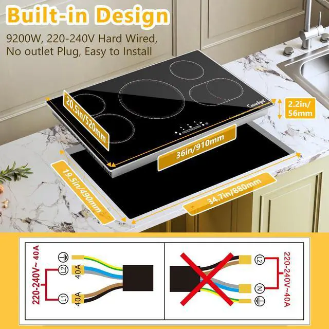 Alt view image 4 of 7 - 36 Inch Electric Cooktop, 5 Burner Radiant Stove Top | 9200W radiant heat, 220-240V hardwired, works with all cookware, ideal for kitchen remodels, touch control, timer, child lock