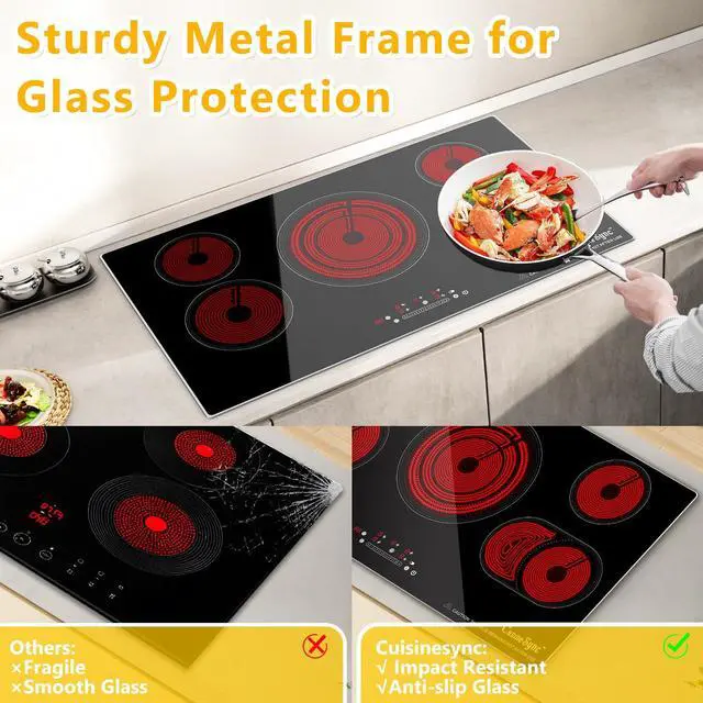 Alt view image 7 of 7 - 36 Inch Electric Cooktop, 5 Burner Radiant Stove Top | 9200W radiant heat, 220-240V hardwired, works with all cookware, ideal for kitchen remodels, touch control, timer, child lock