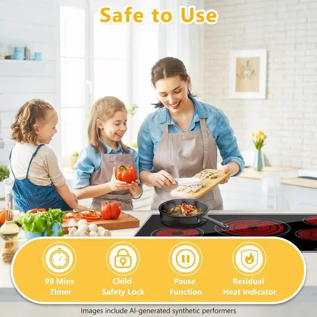Alt view image 6 of 7 - 36 Inch Electric Cooktop, 5 Burner Radiant Stove Top | 9200W radiant heat, 220-240V hardwired, works with all cookware, ideal for kitchen remodels, touch control, timer, child lock