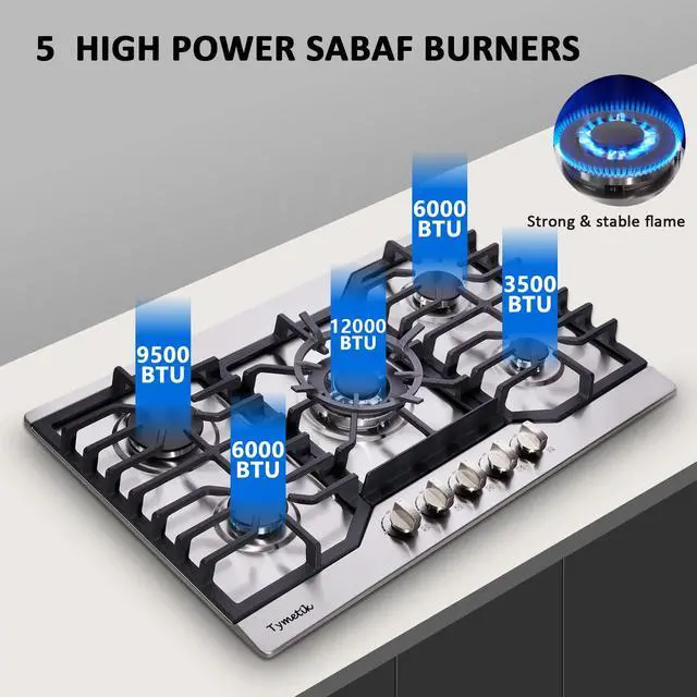 Alt view image 2 of 7 - Gas Cooktop 30 Inch, 5 High Efficiency Burners Gas Stovetop Stainless Steel Built-in Gas Stove Top Propane/Natural Gas Convertible Gas Hob