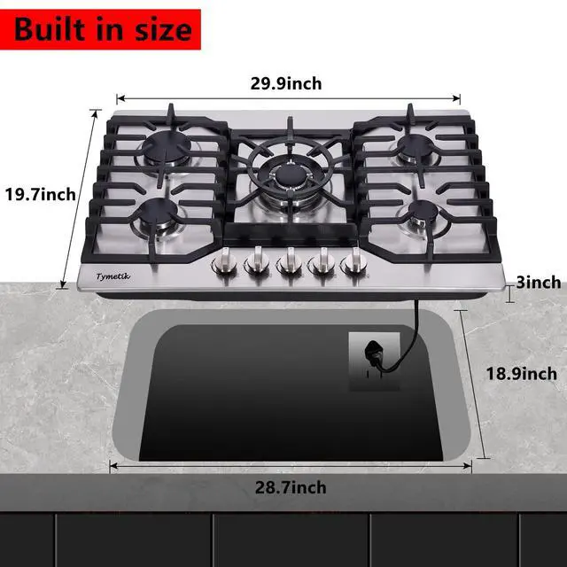 Alt view image 5 of 7 - Gas Cooktop 30 Inch, 5 High Efficiency Burners Gas Stovetop Stainless Steel Built-in Gas Stove Top Propane/Natural Gas Convertible Gas Hob