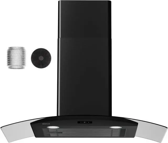 Main image of 30 Inch Wall Mounted Curved Glass Black Range Hood with 450 CFM Stainless Steel kitchen Ductless/Ducted Convertible with 3 Speeds Extract Fan & Touch Control