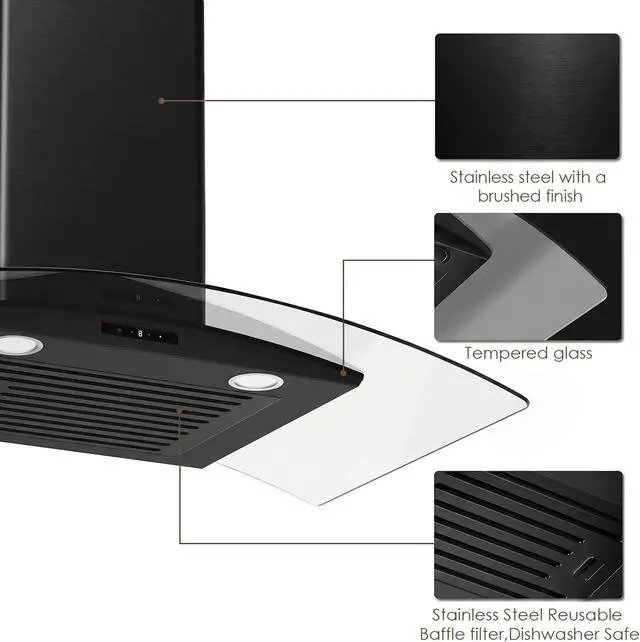Alt view image 2 of 6 - 30 Inch Wall Mounted Curved Glass Black Range Hood with 450 CFM Stainless Steel kitchen Ductless/Ducted Convertible with 3 Speeds Extract Fan & Touch Control