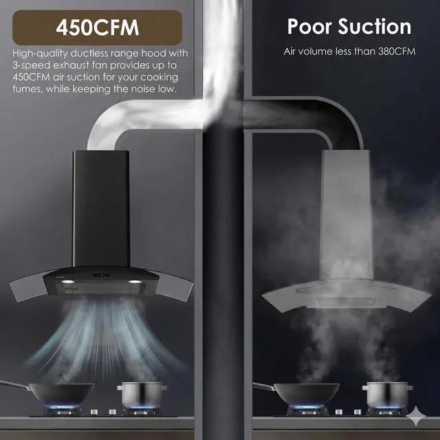 Alt view image 4 of 6 - 30 Inch Wall Mounted Curved Glass Black Range Hood with 450 CFM Stainless Steel kitchen Ductless/Ducted Convertible with 3 Speeds Extract Fan & Touch Control