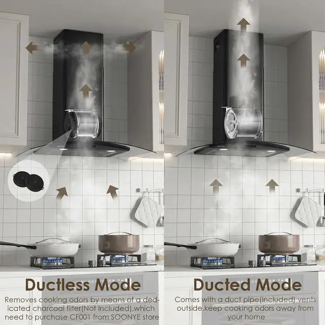 Alt view image 5 of 6 - 30 Inch Wall Mounted Curved Glass Black Range Hood with 450 CFM Stainless Steel kitchen Ductless/Ducted Convertible with 3 Speeds Extract Fan & Touch Control