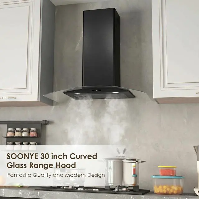Alt view image 6 of 6 - 30 Inch Wall Mounted Curved Glass Black Range Hood with 450 CFM Stainless Steel kitchen Ductless/Ducted Convertible with 3 Speeds Extract Fan & Touch Control