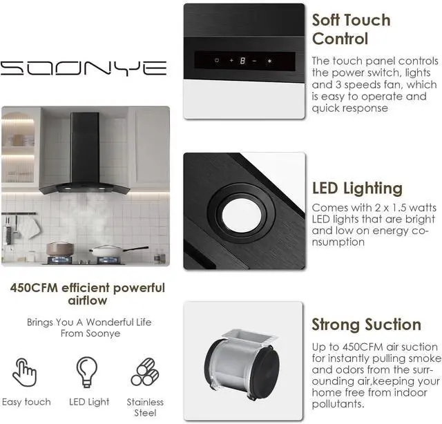 Alt view image 3 of 6 - 30 Inch Wall Mounted Curved Glass Black Range Hood with 450 CFM Stainless Steel kitchen Ductless/Ducted Convertible with 3 Speeds Extract Fan & Touch Control