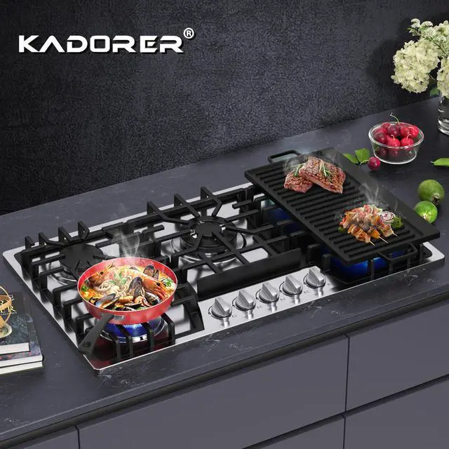 Alt view image 2 of 6 - 36 inch Gas Cooktop with Griddle, Bulit-in Gas Stove Top with 5 Burner, NG/LPG Convertible Cooktops, 5 Burner Propane Cooktop with Thermocouple Protection, Stainless Steel