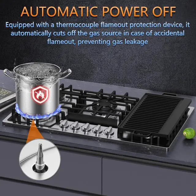 Alt view image 5 of 6 - 36 inch Gas Cooktop with Griddle, Bulit-in Gas Stove Top with 5 Burner, NG/LPG Convertible Cooktops, 5 Burner Propane Cooktop with Thermocouple Protection, Stainless Steel