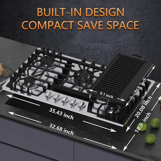 Alt view image 3 of 6 - 36 inch Gas Cooktop with Griddle, Bulit-in Gas Stove Top with 5 Burner, NG/LPG Convertible Cooktops, 5 Burner Propane Cooktop with Thermocouple Protection, Stainless Steel