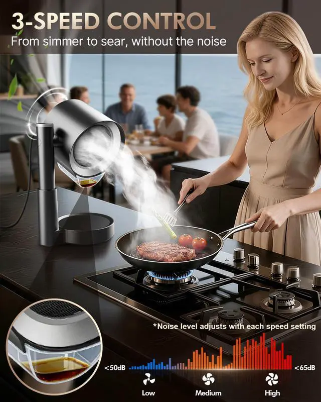 Alt view image 6 of 7 - Portable Range Hood - Adjustable & 3-Speed Desktop Kitchen Exhaust Fan with Large Oil Cup & Low Noise, Detachable Filter Portable Exhaust Fan for BBQ, RV, Apartments, Dorm(Black)