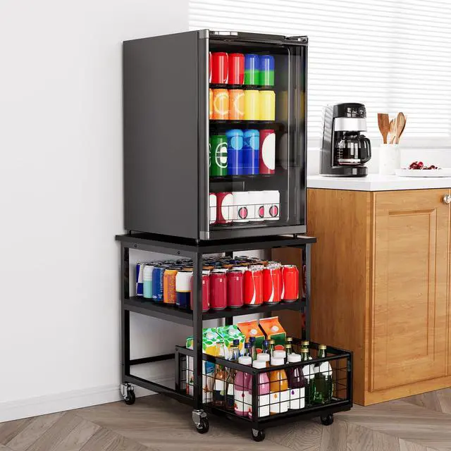 Main image of 3 Tier Mini Fridge Stand with Storage and Wheels, Heavy Duty 19.7x19.7in Mobile Refrigerator Shelf Stand Table, Fridge Cart Organizer with Drawer Basket for Home Dorm Office (Black)