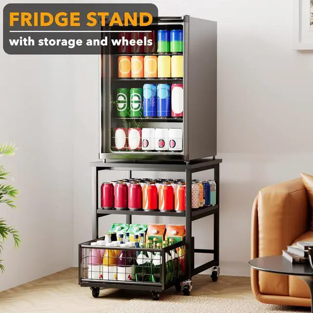 Alt view image 2 of 5 - 3 Tier Mini Fridge Stand with Storage and Wheels, Heavy Duty 19.7x19.7in Mobile Refrigerator Shelf Stand Table, Fridge Cart Organizer with Drawer Basket for Home Dorm Office (Black)